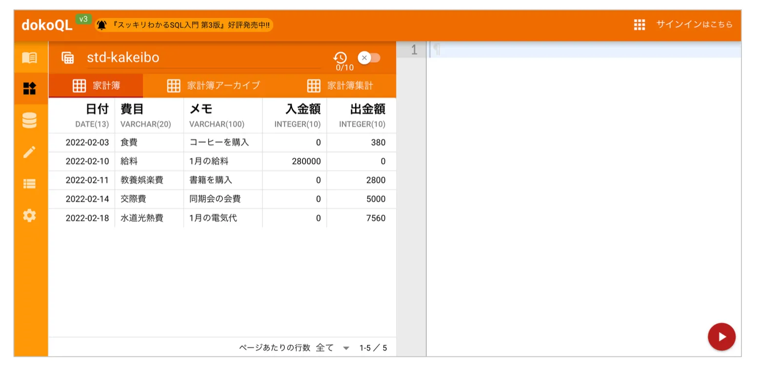 サインアウト状態の表示